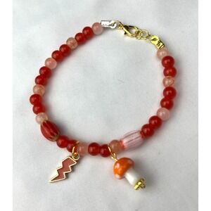 Handmade Beaded Bracelet Mushroom Charm Orange Glass Bead Forestcore Cottagecore